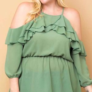 New Plus Size Open Shoulder Ruffle Halter Top Sage